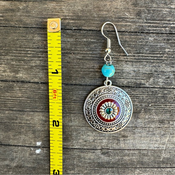 Boho 🌻 Silver Tone Medallion Dangle Drop Earrings Blue Burgundy Enamel Western - Picture 7 of 9